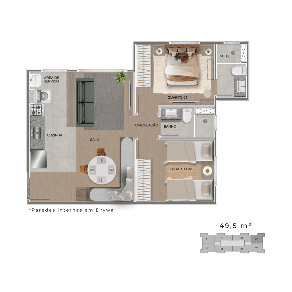 Planta do Apartamento de 49,5 m²: 2 quartos com suíte