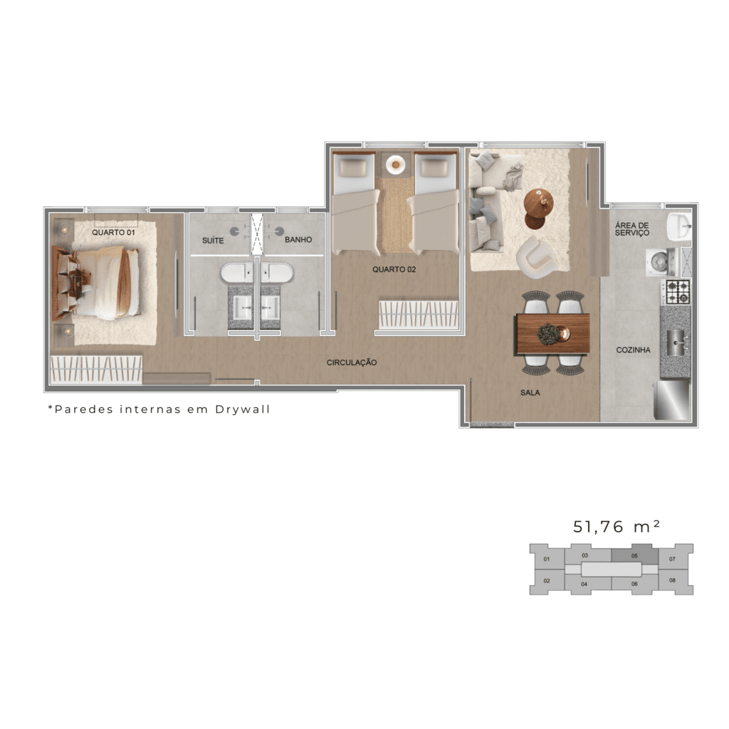 Planta do Apartamento de 51,76 m²: 2 quartos com suíte