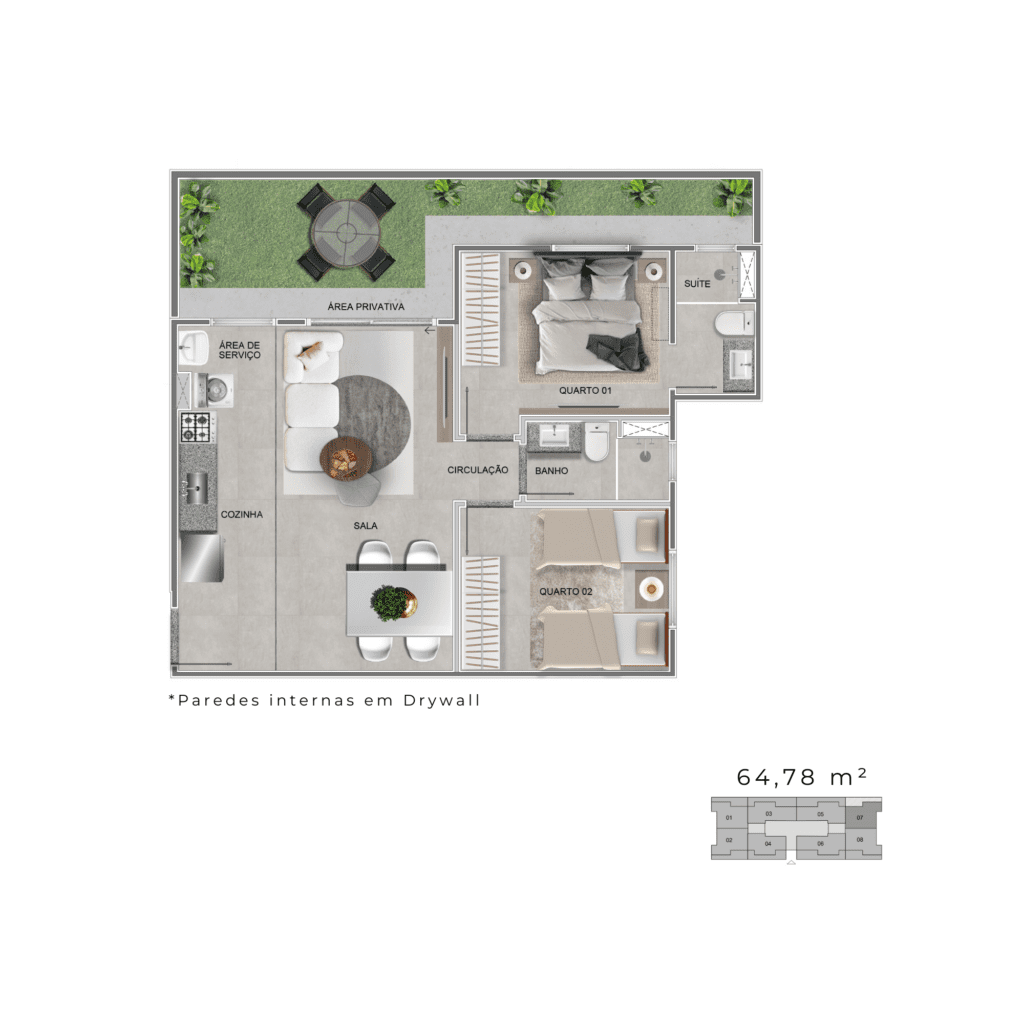 Planta do Apartamento Garden de 64,78 m²: 2 quartos com suíte
