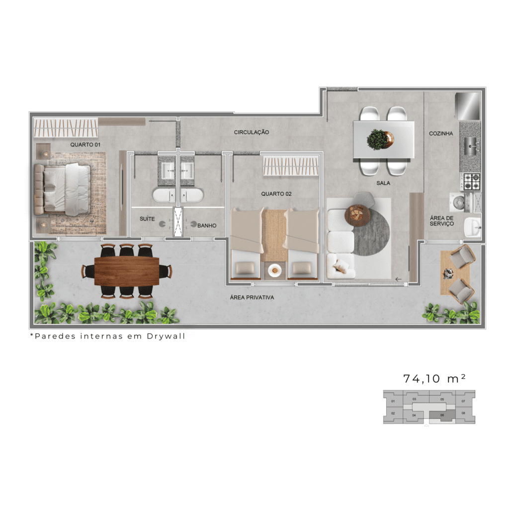 Planta do Apartamento Garden de 74,10 m²: 2 quartos com suíte