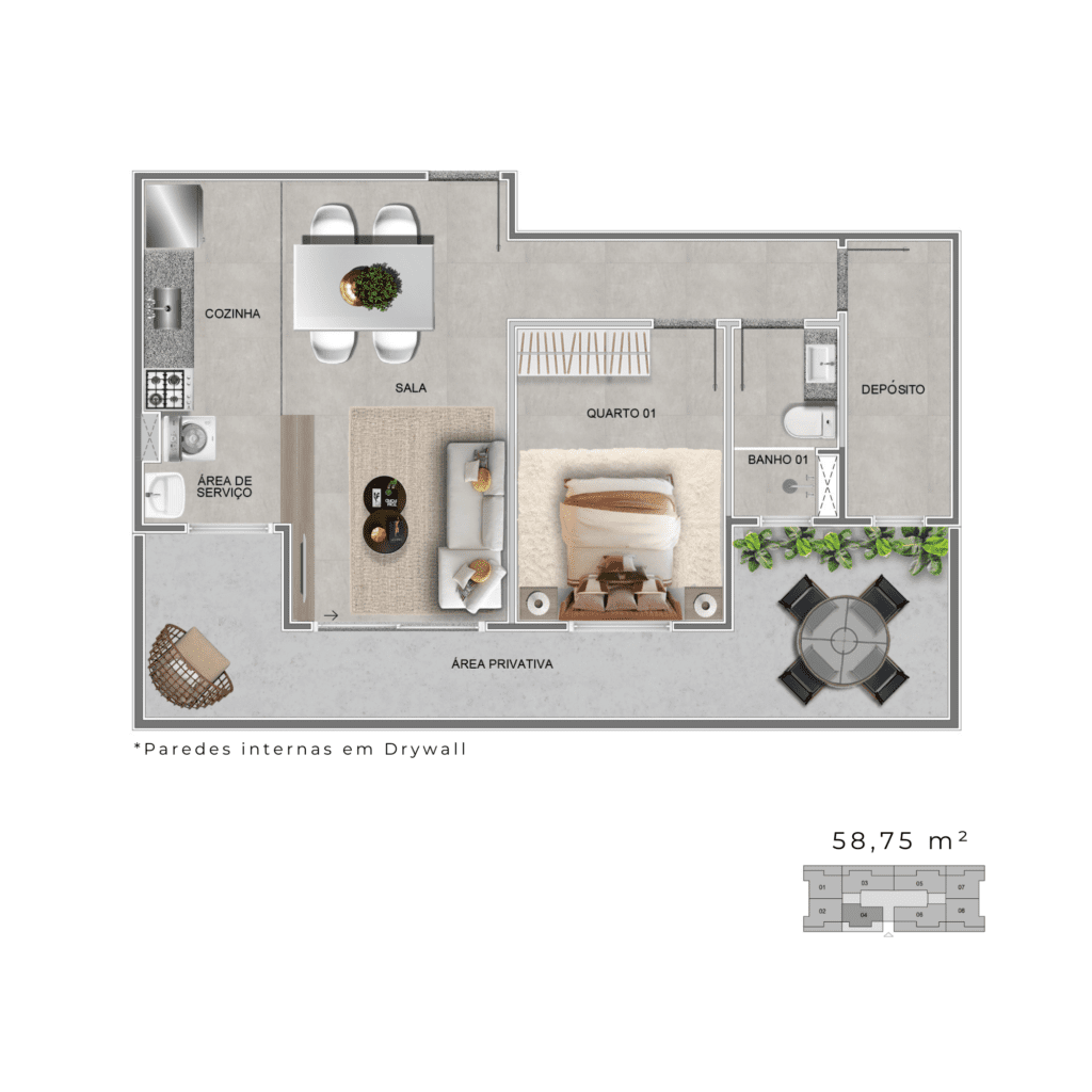 Planta do Apartamento Garden de 58,75 m²: 1 quarto