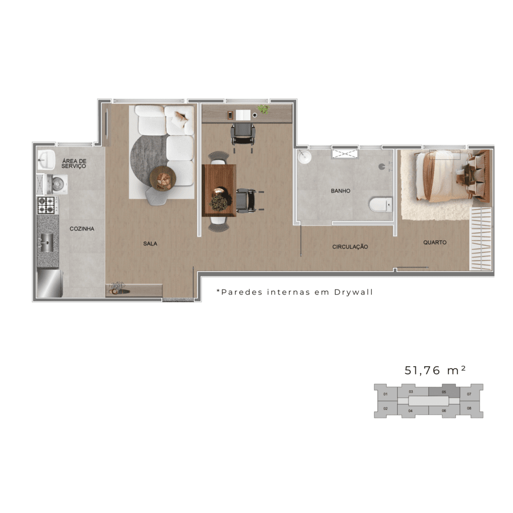 Planta do Apartamento de 51,76 m²: 1 quarto com home office